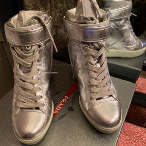 PRADA Silver Leather Wedge Sneaker